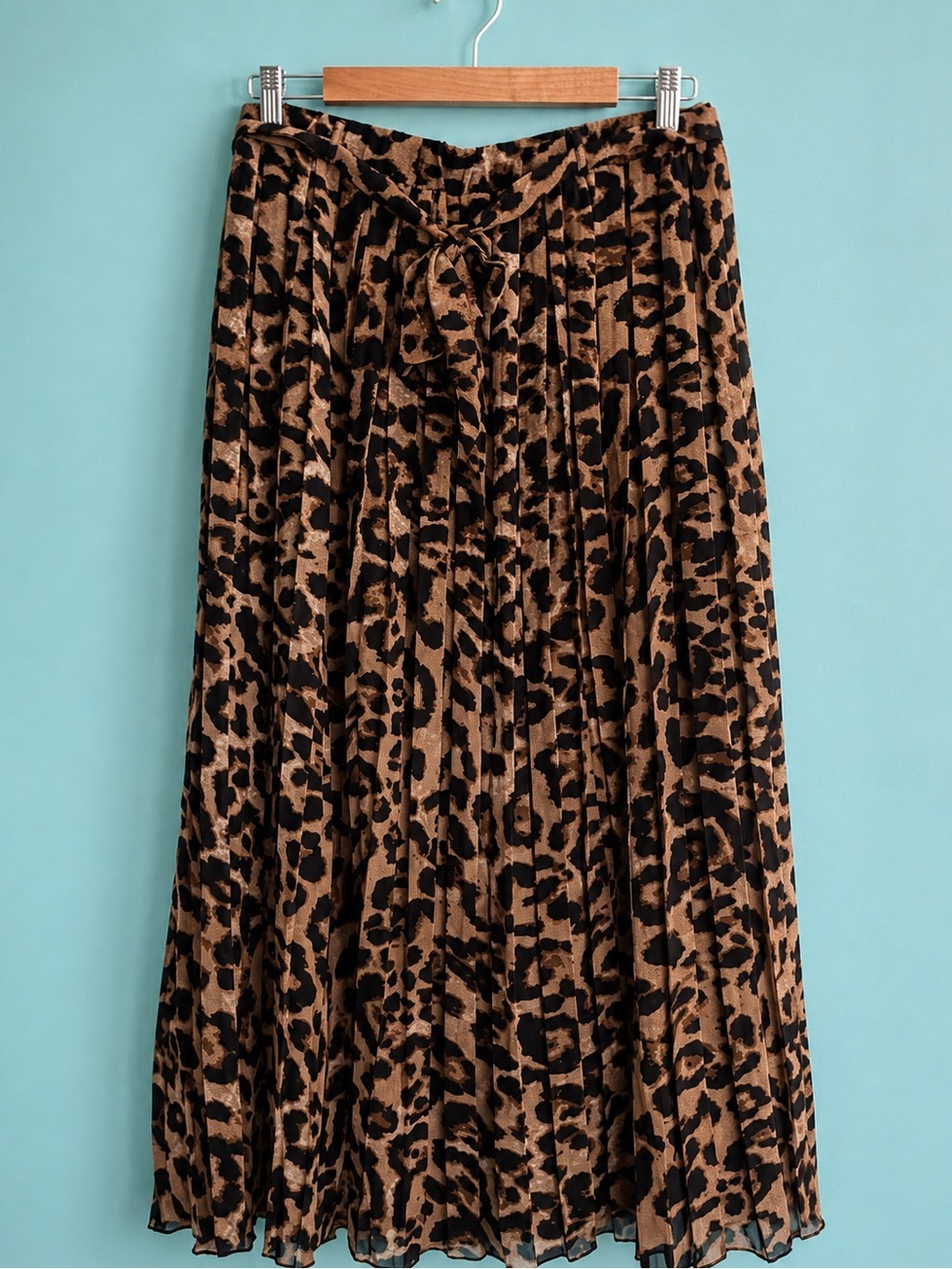 NWOT Joie Leopard Print Pleated Maxi Skirt XL Brown Black Tie Waist Animal Print